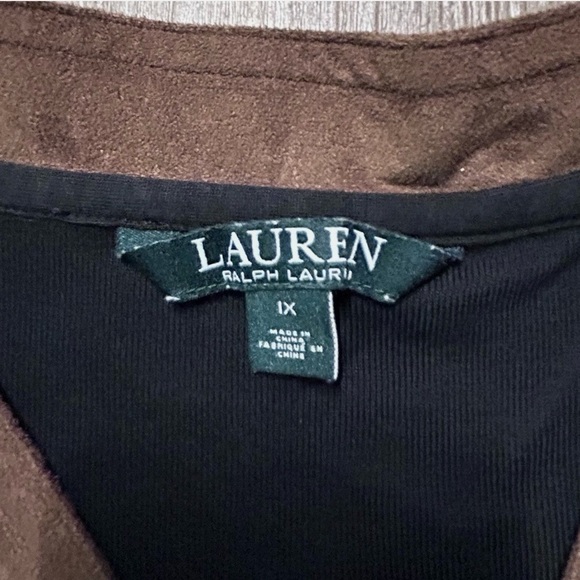 Women’s Lauren Ralph Lauren Black 3/4 Sleeve Shirt Brown Suede Neckline Size 1X - Picture 2 of 4